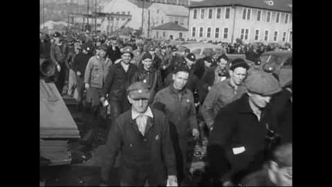Crowd Of Male Workers Arriving For Work At Factory Stock Footage 119273727