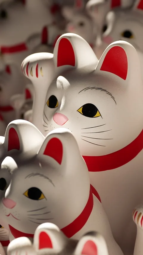 Crowd of Maneki Neko statues in Tokyo temple Stock Footage 329438363