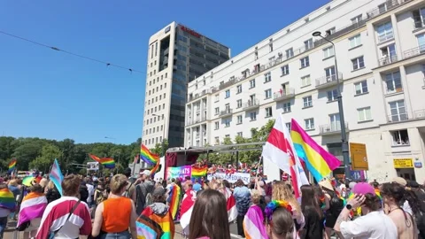 Crowd marching in lgbtq pride parade through city street Vidéo 331448821