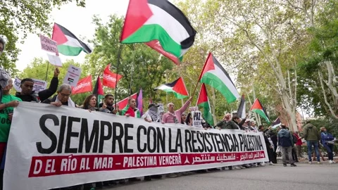 Crowd marching in protest during Pro-Palestine demonstration with banner_2 스톡 동영상 254366671