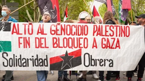 Crowd marching in protest during Pro-Palestine demonstration with banner_3 스톡 동영상 254366707