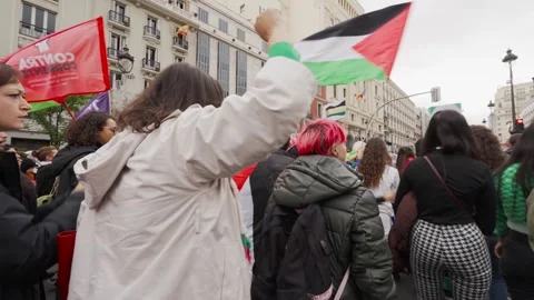Crowd marching in protest during Pro-Palestine demonstration with flags 스톡 동영상 254367809