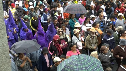 Crowd Moves in with Purple Easter Procession in Ecuador Stock Footage 75011866