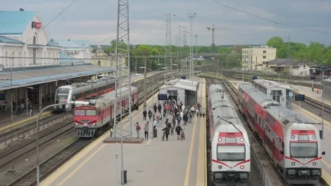 Crowd Moves Through Vilnius Station Between Waiting Trains Stock Footage 337584742