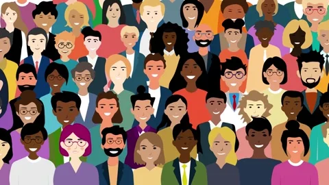 Crowd of Multicultural People Standing together happily Cartoon Characters .. Stock Footage 305697218