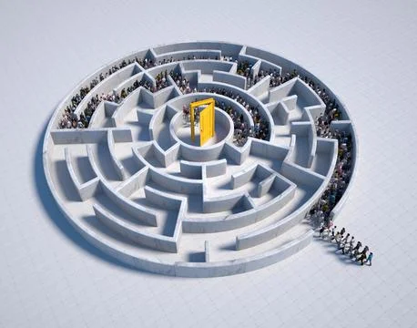 Crowd navigating a complex labyrinth with a yellow door at the center in an.. Stock Illustration