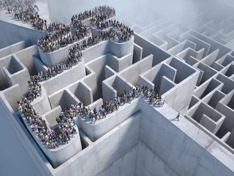 A crowd navigating through a complex maze. Illustrazione stock