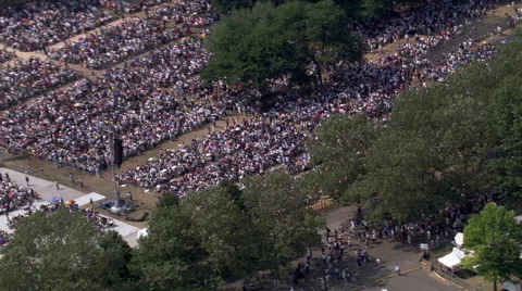 Crowd at open-air event in Flushing Meadows, NY; aerial zoom-out Stock Footage 59250872