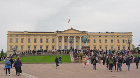 Crowd at Oslo Royal Palace Steps with Flag Flying at Half Mast Stock Footage 343952283