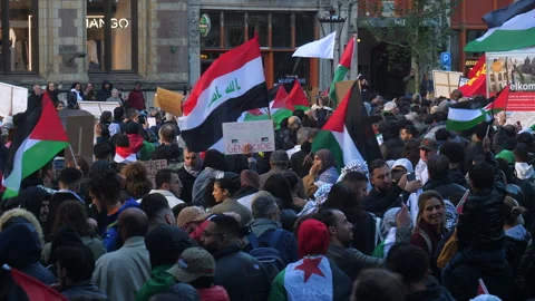 Crowd with Palestinian flags at Pro Palestine march. Netherlands 2023. Stock Footage 253305145