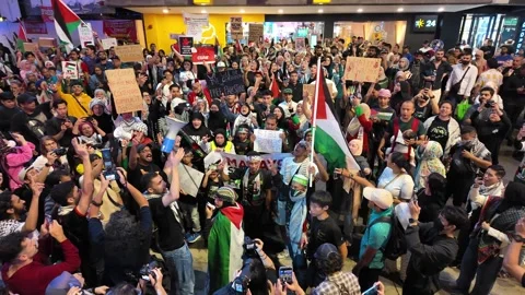 A crowd of people are protesting in a mall with solidarity with Palestine Stock Footage 318096583