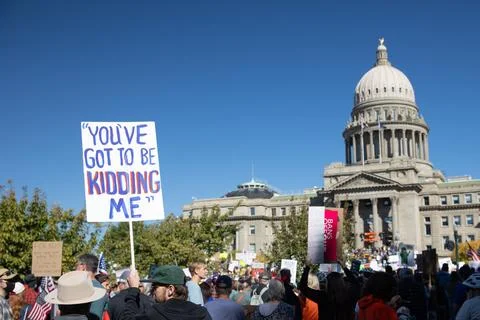 A crowd of people are protesting outside of the capitol building Stock Photos