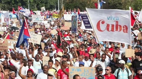 Crowd of people celebrating and marching in Havana, Cuba Stock Footage 7340515