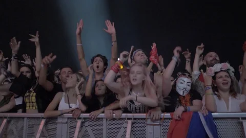 A crowd of people dancing and enjoying a concert at a music festival Stock Footage 107449773