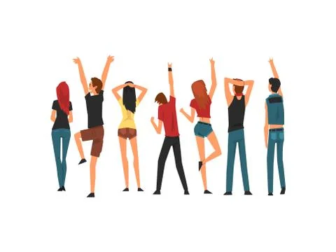 Crowd of People Dancing and Having Fun Outdoor at Open Air Concert, Rock Fest Stock Illustration