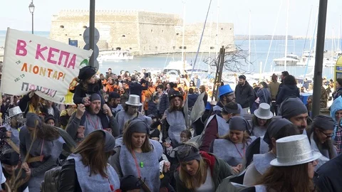 Crowd Of People Dancing Having Fun Carnival Parade Heraklion Crete Greece (13) Stock Footage 104029660