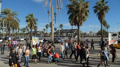 Crowd of People. Demonstration due to Climate Change. Barcelona 2018 02 Stock Footage 98269752