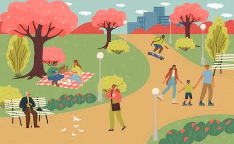 Crowd of people different age walking in spring park vector illustration Ilustración de archivo