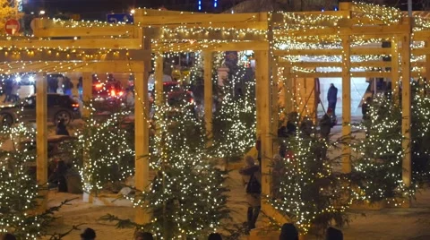 Crowd People Families at the Decorated Firs Christmas Eve New Year's Evening on Stock Footage 59132017