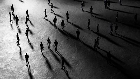 Crowd of people figures walking in the same direction with dramatic light Stock Illustration