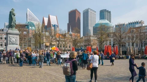 Crowd of people gathered in the central square in Hague. Stock Footage 119889547