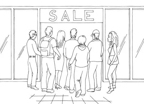 Crowd of people go to the store mall graphic interior sketch illustration vector Stock Illustration