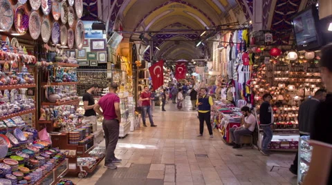 A crowd of people in Grand Bazaar, one of the  oldest covered markets Stock Footage 68092315