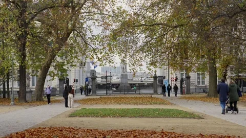 Crowd of people in handheld shot walking around brussels park with autumn Stock Footage 321808034