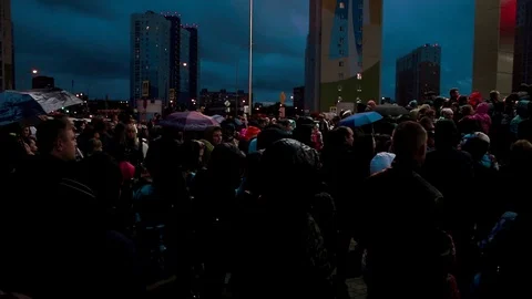 A crowd of people in a huge queue for prizes Stock Footage