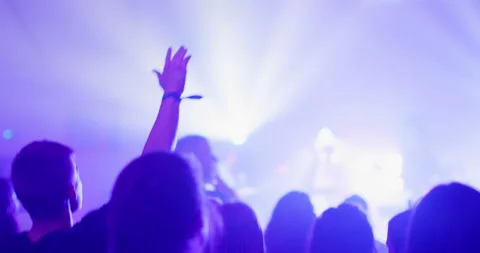 Crowd of People Jump and Clap Raised Hands on Music Concert or Night Event Show Stock Footage 169286996