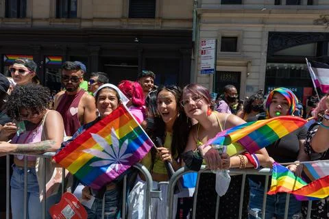 Crowd of people with LGBT flags posing for photos at a pride parade Foto stock
