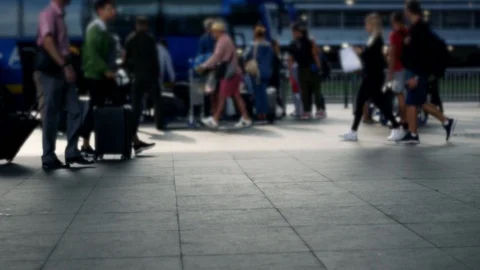 Crowd of people passengers with luggage at the international airport  Stock Footage