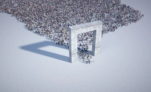 Crowd of people passing through the gate. Ilustración de archivo