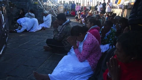 Crowd of people praying with folded hands on Adams Peak, Sri Pada in Sri Video stock 142996167