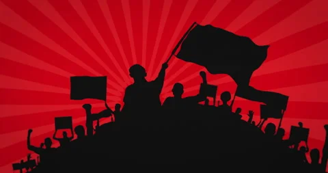 Crowd of people protesters with flags and banners raise their fists. Loop Stock Footage 135683189