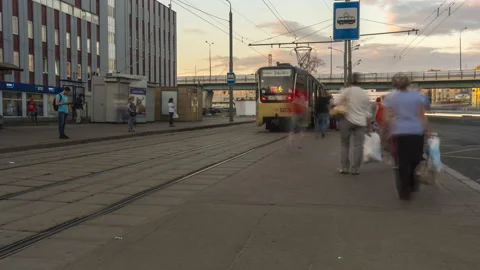 The crowd of people in the queue for the tram and bus at rush hour  in the en Stock Footage 92214567