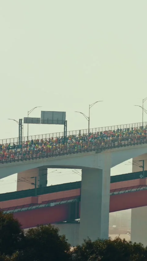 A crowd of people running half marathon on the bridge in a thick white fog Stock Footage 328281853