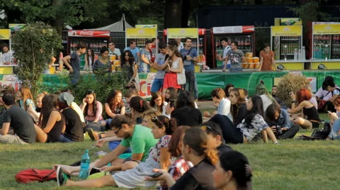 Crowd Of People Sitting On Grass In A Park Enjoying A Summer Festival, Pan Stock Footage 41543733