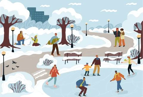Crowd of people spending time in winter park vector illustration Ilustración de archivo