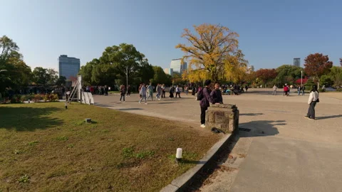Crowd of people strolling through a city park  in  Osaka, Japan Video stock 336101762