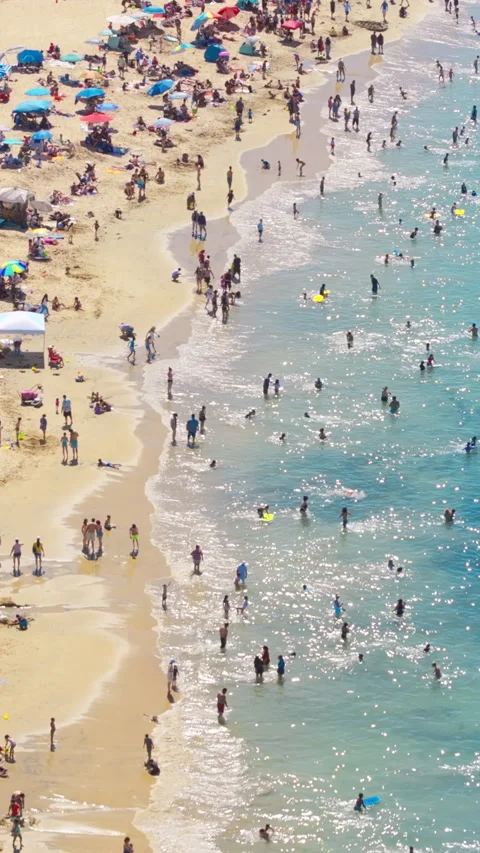 Crowd of people sunbathing on beach of Corona Del Mar, Newport Beach, California Stock-Footage 273667079