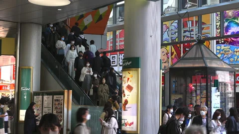 Crowd of people take elevator at Shibuya Mark City in Shibuya, Tokyo, Japan. Stock Footage 205063063