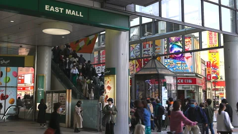 Crowd of people take elevator at Shibuya Mark City in Shibuya, Tokyo, Japan. Stock Footage 205065106