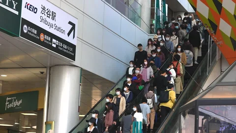 Crowd of people take elevator at Shibuya Mark City in Shibuya, Tokyo, Japan. Stock Footage 205067317