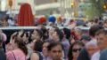 Crowd people tourists busy waving Manhattan Times Square NYC New York City day 4k or 4k+ Resolution