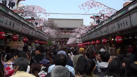 Crowd of people at traditional Japanese Nakamise market in Asakusa, Tokyo, Japan Stock Footage