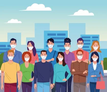Crowd of people using face mask for corona virus on the city Ilustración de archivo