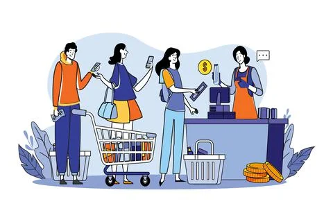 Crowd of people using gadgets waiting in line at checkout in a supermarket Stock Illustration