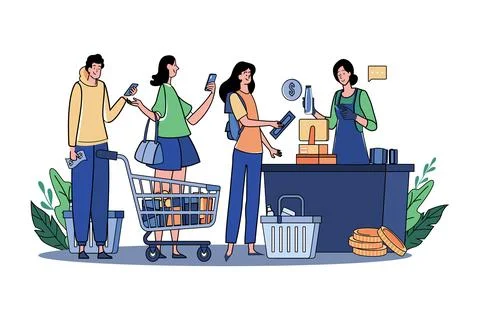 Crowd Of People Using Gadgets Waiting In Line At Checkout In A Supermarket イラスト素材