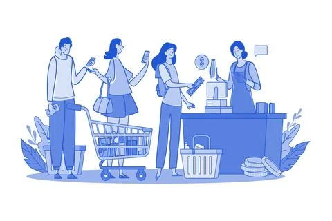 Crowd Of People Using Gadgets Waiting In Line At Checkout In A Supermarket Stock Illustration